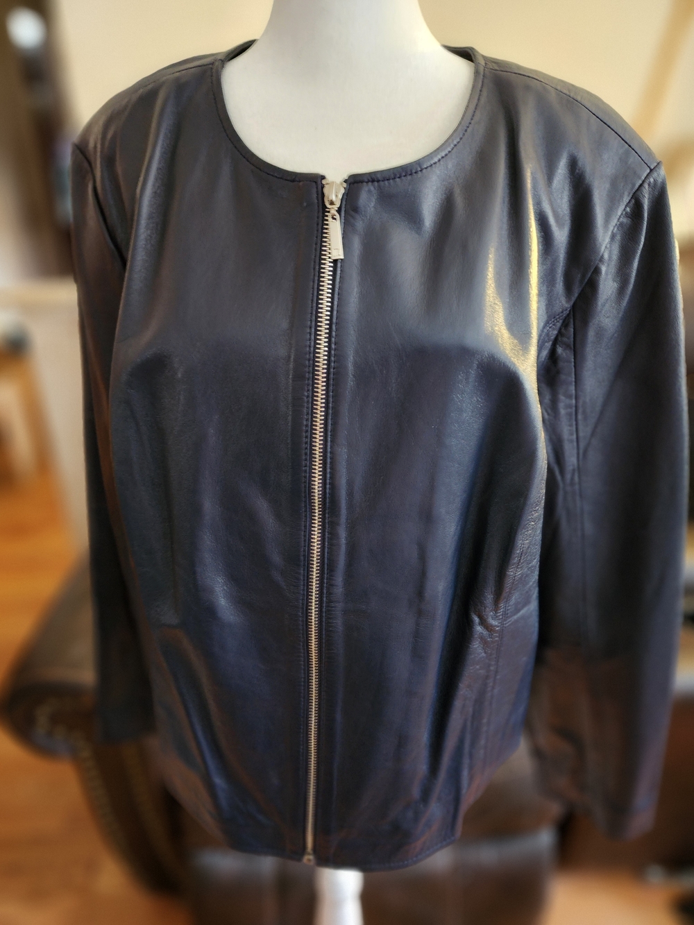 Jessica London Navy Blue Leather Round-Neck Zip Jacket